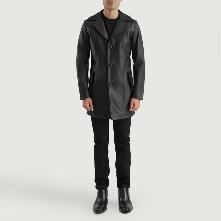 Mens Brawnton Black Leather Coat Full Length-2-1700480128862
